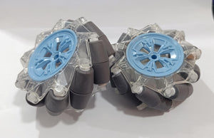 (Pair Left + Right) 95mm Mecanum Omni-directional Wheels - with clear plastic frames, light blue centers, and grey cylindrical rollers.