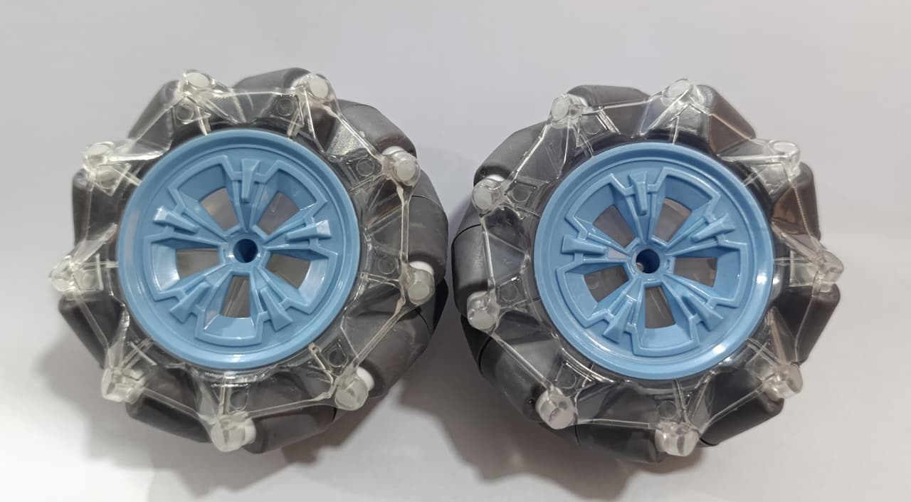 (Pair Left + Right) 95mm Mecanum Omni-directional Wheels - shown as two grey and clear plastic wheels with blue central hubs on a white background.