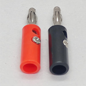 Pair of 4mm Banana Plugs - one red and one black plug, each featuring a metallic connector tip and a side-mounted screw terminal.