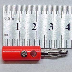 Pair of 4mm Banana Plugs - shown in a close-up view with a red plastic housing, a screw terminal, and a metal connector next to a millimeter ruler.