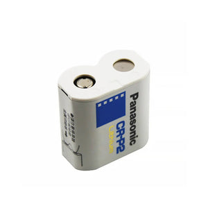 Panasonic CR-P2 Lithium Photo Battery - 6V CRP2 Battery Lithium - a white, rounded rectangular 6V battery with two metal contact points on the top surface.