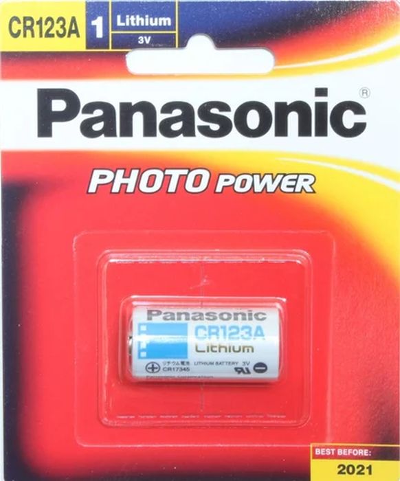 Panasonic CR123A Lithium Battery 3V - in its original red and yellow retail packaging, showing the single battery encased in a clear plastic blister pack.