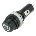 Panel Mount Chassis Fuse Holder For 6x30mm Glass Fuse - a black cylindrical screw-cap fuse holder with a metal contact terminal and white text.