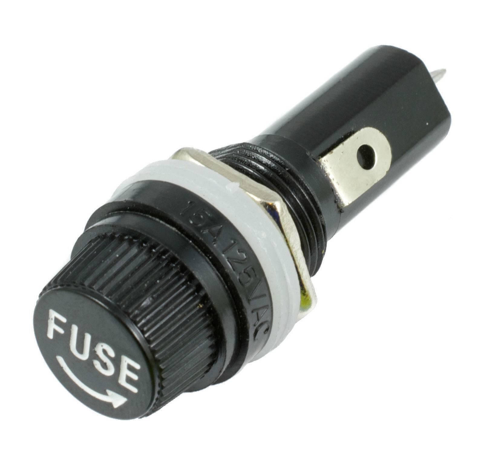 Panel Mount Chassis Fuse Holder For 6x30mm Glass Fuse - a black cylindrical screw-cap fuse holder with a metal contact terminal and white text.