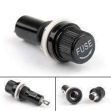 Panel Mount Chassis Fuse Holder For 6x30mm Glass Fuse - shown in three views, featuring a black cylindrical body with a screw-on cap labeled FUSE.