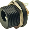 Panel Mounting DC Power Socket 12VDC 1A 5.5 x 2.1mm - a close-up of a black cylindrical DC power connector with a metallic nut and rear solder terminals.