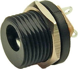 Panel Mounting DC Power Socket 12VDC 1A 5.5 x 2.1mm - a close-up of a black cylindrical DC power connector with a metallic nut and rear solder terminals.