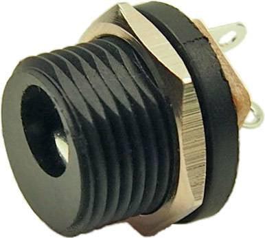 Panel Mounting DC Power Socket 12VDC 1A 5.5 x 2.1mm - a close-up of a black cylindrical DC power connector with a metallic nut and rear solder terminals.