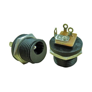 Panel Mounting DC Power Socket 12VDC 1A 5.5 x 2.1mm - two black plastic cylindrical DC power connectors with metal threaded mounting nuts and rear solder terminals.