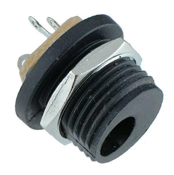 Panel Mounting DC Power Socket 12VDC 1A 5.5 x 2.1mm - shown as a black, threaded cylindrical connector with two metal solder terminals at the rear.
