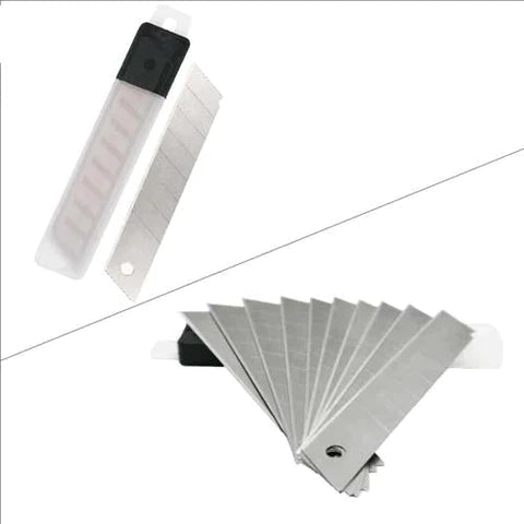 Paper Cutter Knife Blade in Plastic Tube Packing 10 PCS - a set of silver segmented utility blades, some inside a plastic storage tube and some fanned.