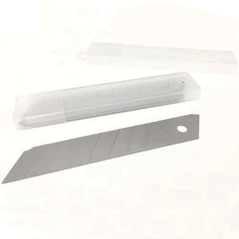 Paper Cutter Knife Blade in Plastic Tube Packing 10 PCS - a single metallic snap-off blade lying in front of a translucent plastic storage tube.