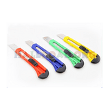 Paper Cutter Or Pocket Cutter Knife - shown as four plastic utility knives in red, blue, green, and yellow, each with a retractable blade and black slider.