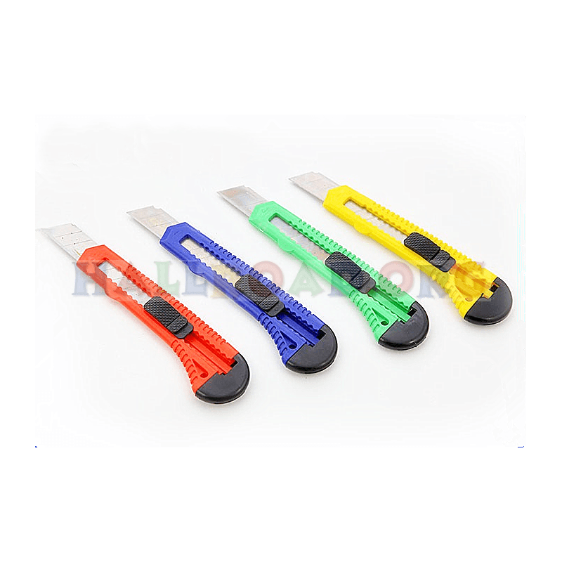 Paper Cutter Or Pocket Cutter Knife - shown as four plastic utility knives in red, blue, green, and yellow, each with a retractable blade and black slider.