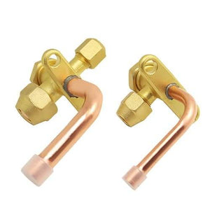 Papular Brand Brass Split AC Outdoor Service Valve SET - two brass valves with curved copper pipes and protective end caps on a white background.