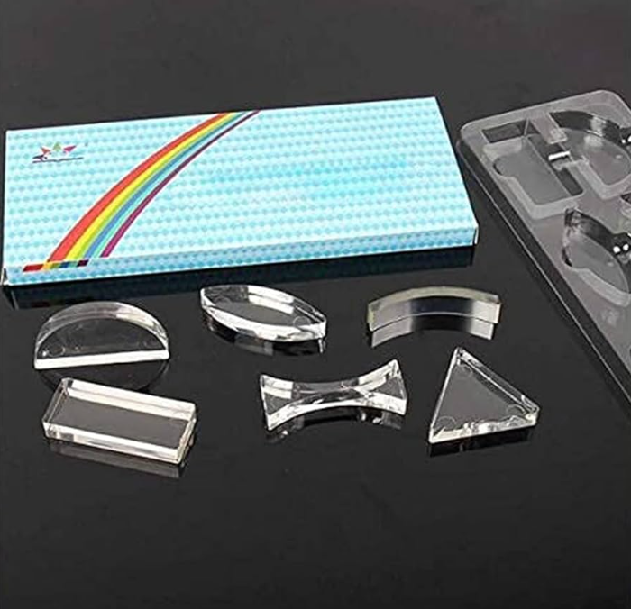 Parallel Lens Kit - 6 Piece Convex Lens Optical Experiment Set - a set of six clear glass lenses and prisms arranged on a black surface.