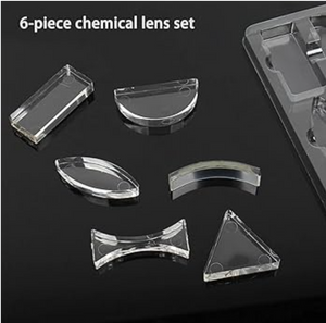 Parallel Lens Kit - 6 Piece Convex Lens Optical Experiment Set - six clear acrylic optical lenses of various geometric shapes arranged on a dark surface next to a plastic storage tray.