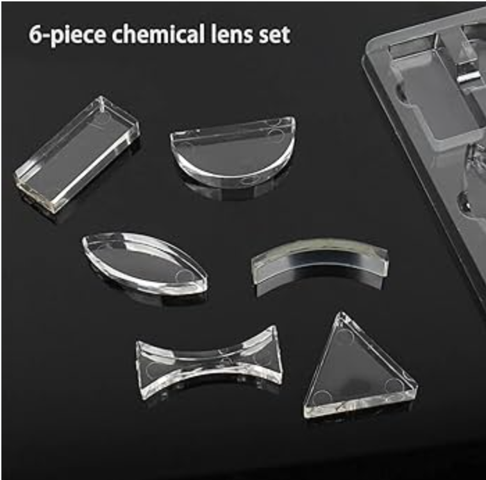 Parallel Lens Kit - 6 Piece Convex Lens Optical Experiment Set - six clear acrylic optical lenses of various geometric shapes arranged on a dark surface next to a plastic storage tray.