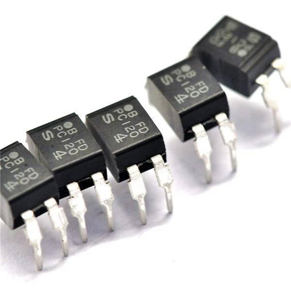 Pc120 Optocoupler Photocoupler Pc120 DIP4 Pc 120 DIP-4 DIP Optocoupler - a group of five black, four-pin DIP-4 electronic components arranged on a white surface with visible white text markings.