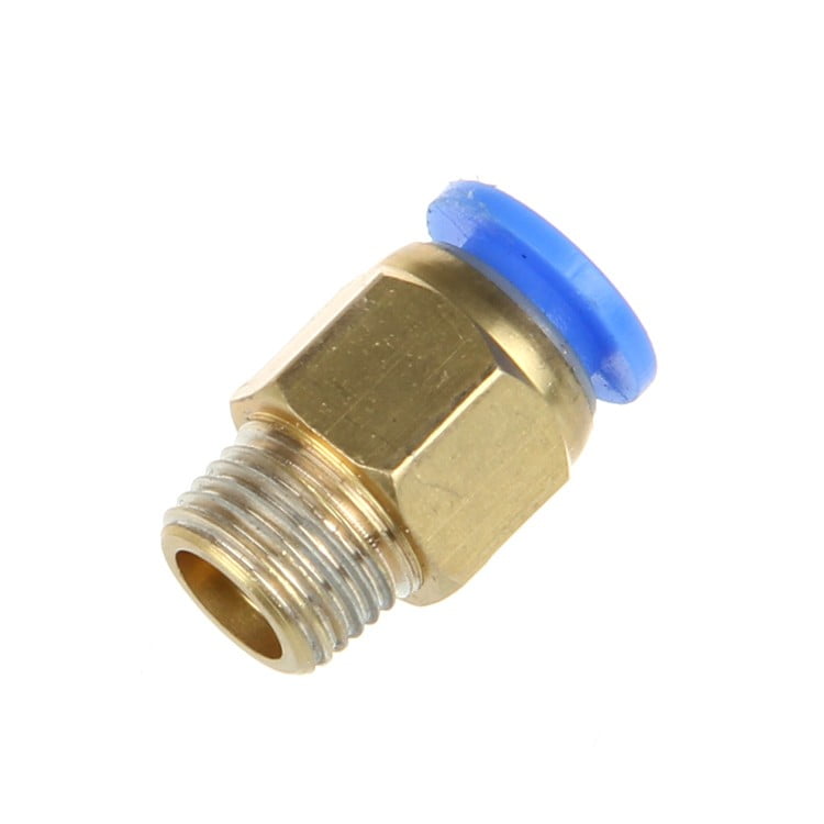 PC4 M10 Pneumatic Coupler Connectors 4mm Straight Fitting For PTFE Bowden Tube 3d Printer - a brass straight fitting with a blue plastic release ring for tubing, shown in a close-up studio shot.