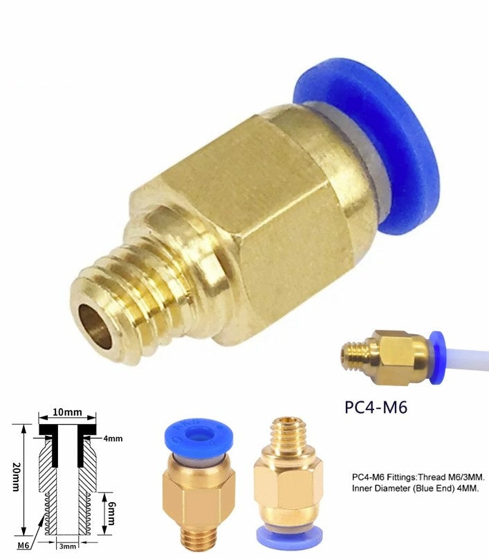 Pc4 M6 Coupler Straight Pneumatic Push In 3d Printer Hotend Connection - a brass pneumatic fitting with a blue push-in connector, a dimension diagram, and a side view with a white tube inserted.