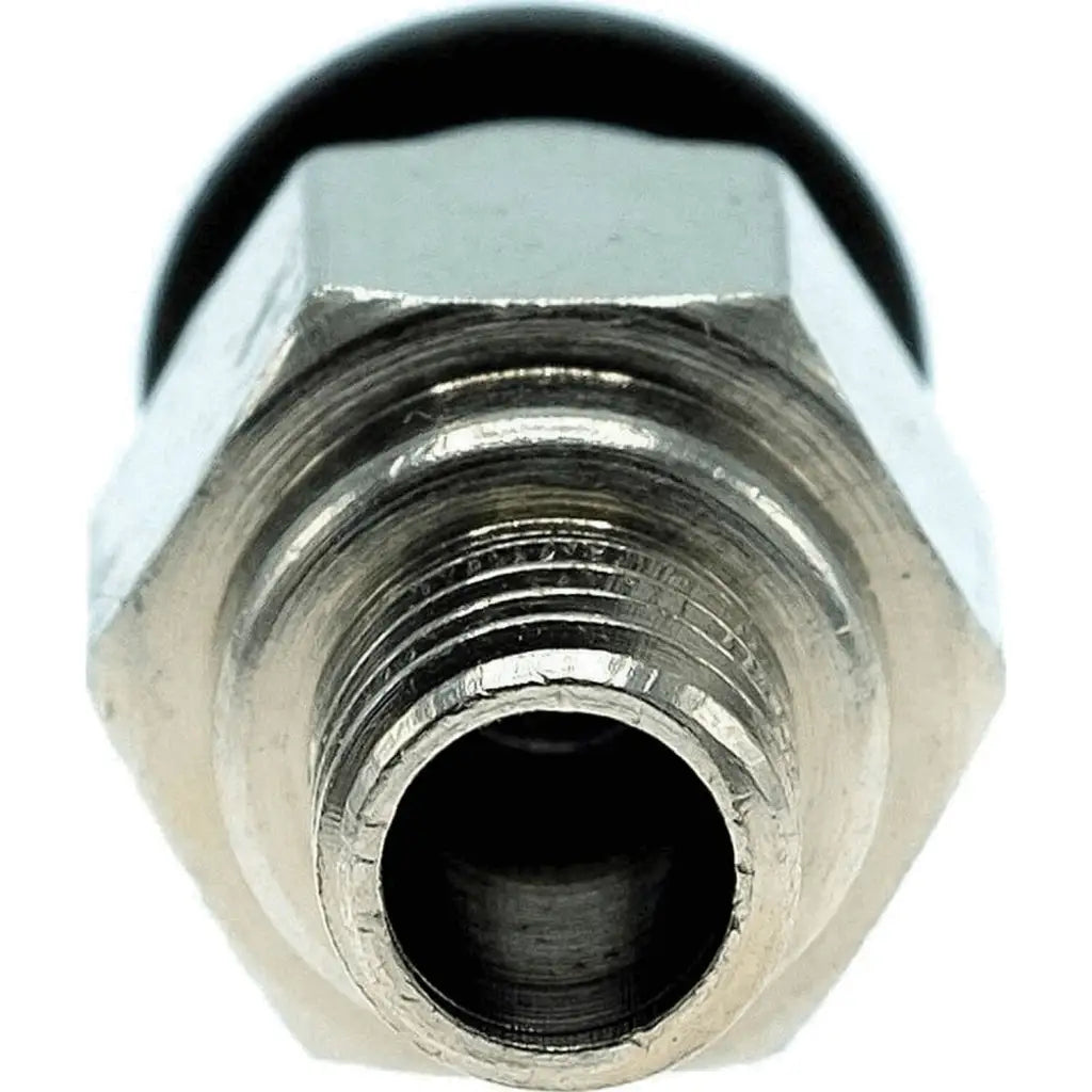 Pc4 M6 Coupler Straight Pneumatic Push In 3d Printer Hotend Connection - a close-up view of the silver metallic threaded connector and its open port.
