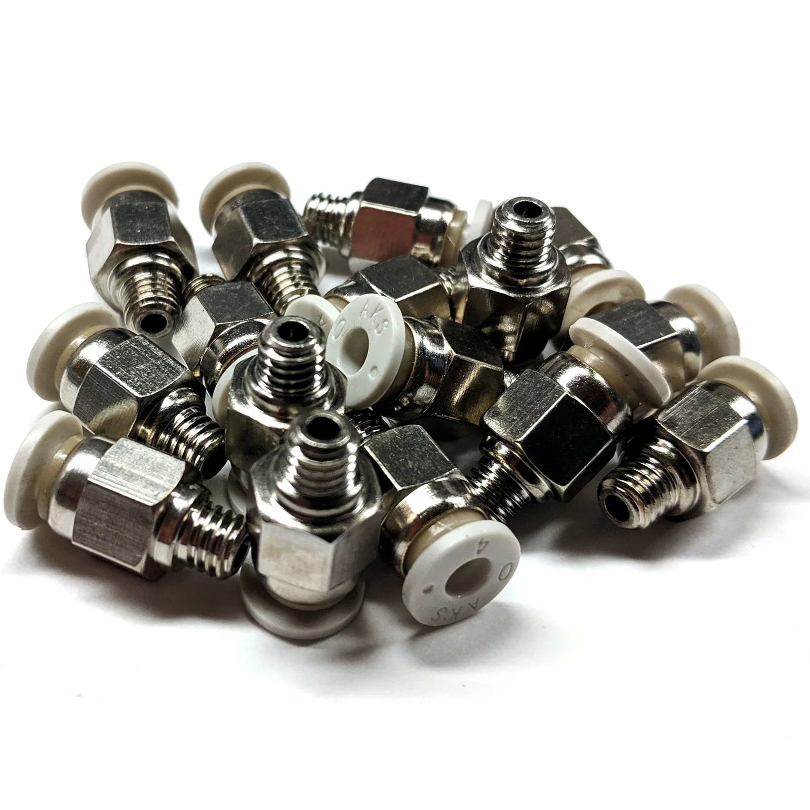 Pc4 M6 Coupler Straight Pneumatic Push In 3d Printer Hotend Connection - a pile of silver metal pneumatic connectors with white plastic rings.
