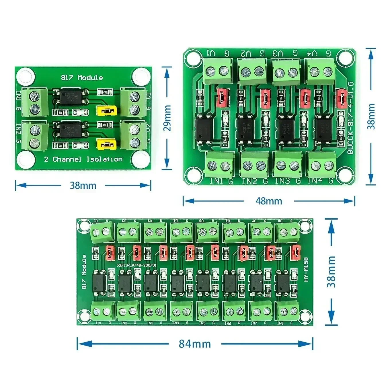 PC817 Optocoupler Isolation Board 2/4/8 Channel 3.6-30V Pakistan - shown in a dimension diagram with three green circuit boards featuring screw terminals and chips.