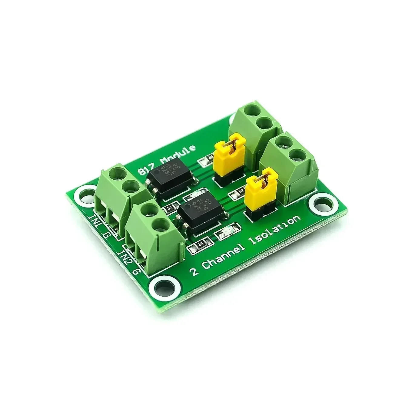 PC817 Optocoupler Isolation Board 2/4/8 Channel 3.6-30V Pakistan - a green circuit board with two black optocouplers, two yellow jumpers, and four screw terminal connectors.