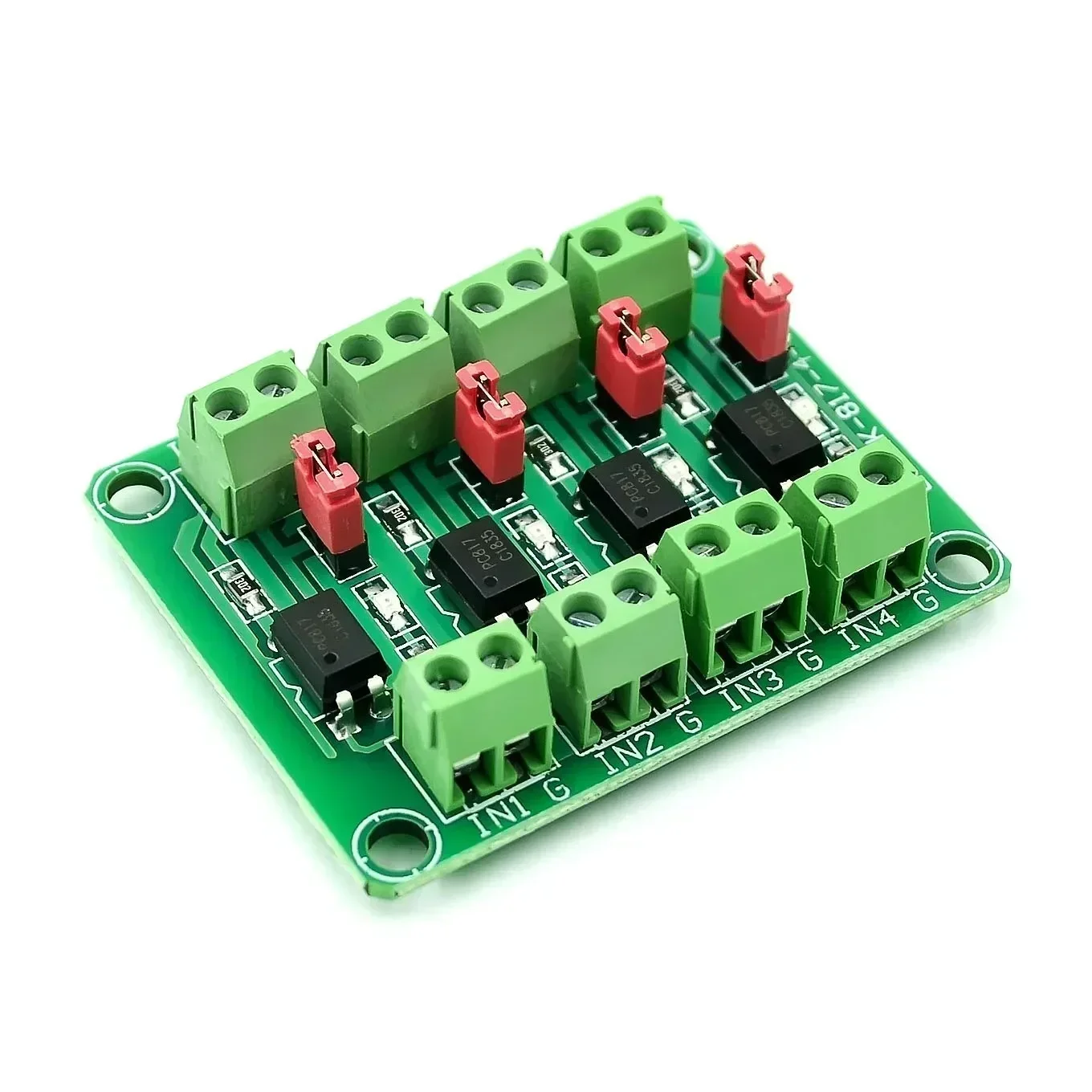 PC817 Optocoupler Isolation Board 2/4/8 Channel 3.6-30V Pakistan - with green PCB, four black optocouplers, red jumpers, and green screw terminal blocks.
