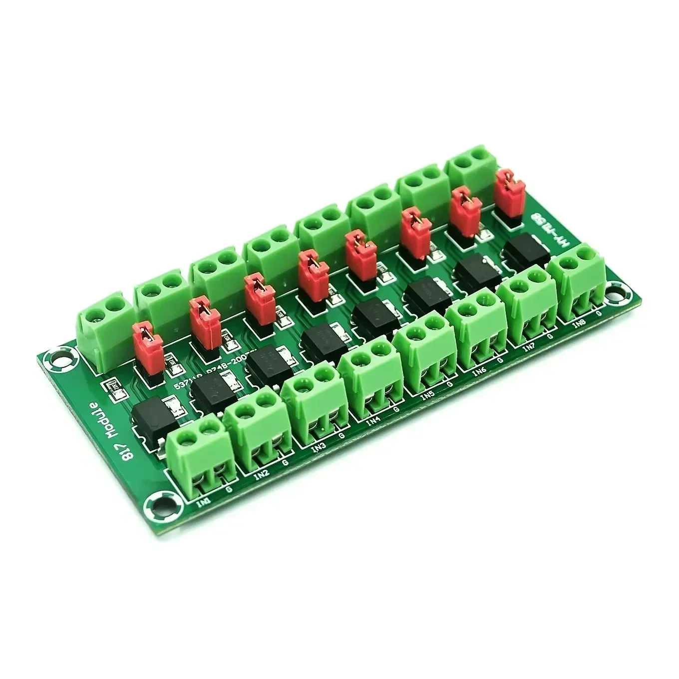 PC817 Optocoupler Isolation Board 2/4/8 Channel 3.6-30V Pakistan - a green circuit board with eight black optocouplers, red jumpers, and green screw terminal connectors.