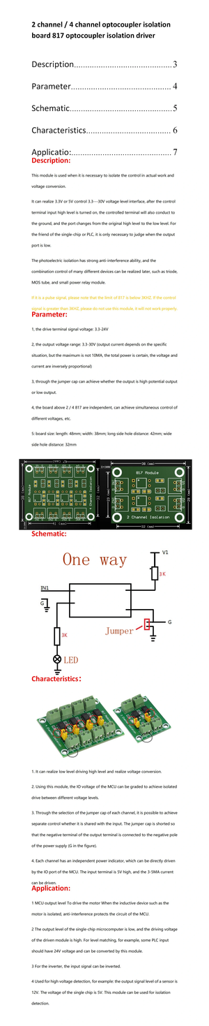 PC817 Optocoupler Isolation Board 2/4/8 Channel 3.6-30V Pakistan - a technical datasheet with diagrams, dimensions, schematic drawings, and product photos.