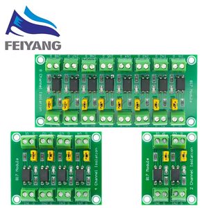 PC817 Optocoupler Isolation Board 2/4/8 Channel 3.6-30V Pakistan - three green circuit boards with screw terminals, yellow jumpers, and black optocouplers.