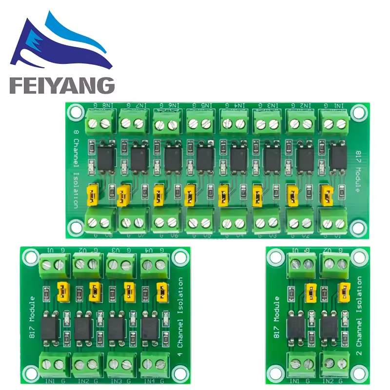 PC817 Optocoupler Isolation Board 2/4/8 Channel 3.6-30V Pakistan - three green circuit boards with screw terminals, yellow jumpers, and black optocouplers.