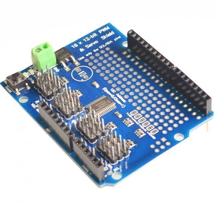 PCA9685 12 Bit 16 Channel Servo Shield - a blue circuit board featuring a green terminal block, a reset button, header pins, and a black header strip.