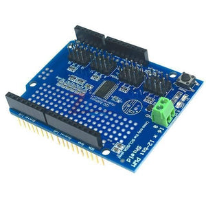 PCA9685 12 Bit 16 Channel Servo Shield - a blue rectangular circuit board featuring a green terminal block, a reset button, and multiple pin headers.