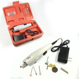 PCB Electric Drill Grinder Machine Kit - a grey handheld tool with a power switch, a power adapter, and various drill bits in a red plastic case.