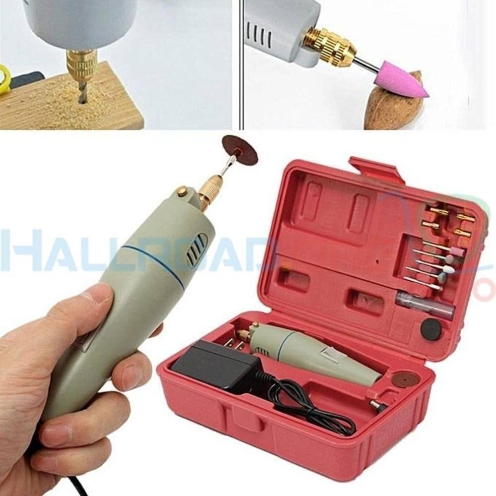 PCB Electric Drill Grinder Machine Kit - shown with a grey handheld rotary tool, a power adapter, and a red plastic storage case containing various bits.