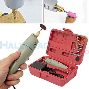 PCB Electric Drill Grinder Machine Kit - shown with a grey handheld rotary tool, a power adapter, and a red plastic storage case containing various bits.