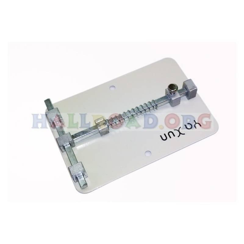 PCB Holder Jig Rework Station PCB Universal Clamping Platform For Cell Phone Motherboard Yaxun Tool - a white rectangular platform featuring a metal spring-loaded clamping mechanism with an adjustable screw knob.