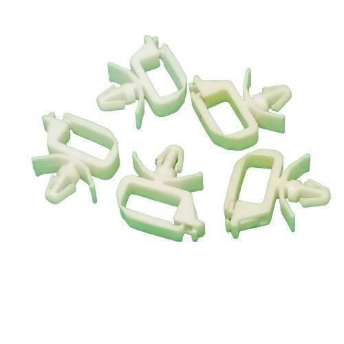 PCB Inserting Hole Cable Clamp, Body PCB Inserting Cable Clamps - five white plastic cable clips with integrated mounting pins arranged on a plain background.