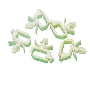 PCB Inserting Hole Cable Clamp, Body PCB Inserting Cable Clamps - five white plastic cable clips with integrated mounting pins arranged on a plain white background.