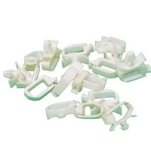 PCB Inserting Hole Cable Clamp, Body PCB Inserting Cable Clamps - a pile of small, white plastic cable clamps designed for insertion into printed circuit board holes.