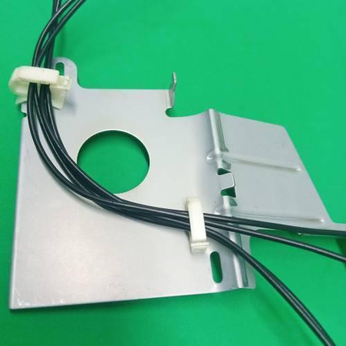 PCB Inserting Hole Cable Clamp, Body PCB Inserting Cable Clamps - two white plastic cable clips mounted on a silver metal plate with black wires threaded through them.