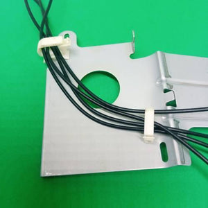 PCB Inserting Hole Cable Clamp, Body PCB Inserting Cable Clamps - two white plastic clips mounted on a silver metal bracket with black wires running through them.