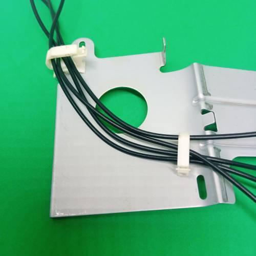 PCB Inserting Hole Cable Clamp, Body PCB Inserting Cable Clamps - two white plastic clips mounted on a silver metal bracket with black wires running through them.