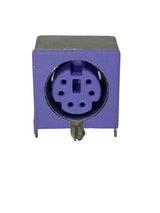PCB Mount 6 Pin Mini DIN Socket Audio Video Connector - a close-up view of a purple 6-pin female connector with metallic housing and mounting pins.