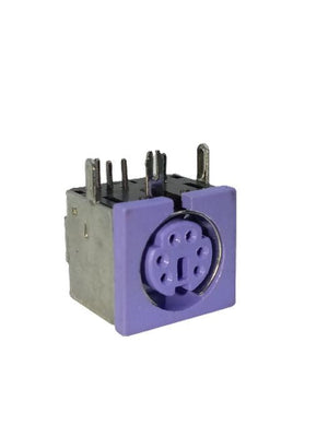 PCB Mount 6 Pin Mini DIN Socket Audio Video Connector - a purple, square-faced electronic component with a six-pin female port and metal mounting pins.