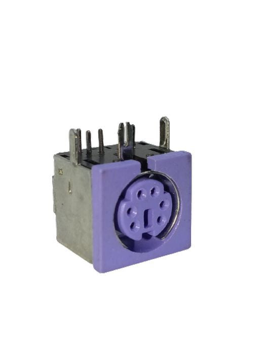 PCB Mount 6 Pin Mini DIN Socket Audio Video Connector - a purple, square-faced electronic component with a six-pin female port and metal mounting pins.