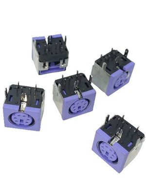 PCB Mount 6 Pin Mini DIN Socket Audio Video Connector - five purple and silver rectangular connectors with six-pin ports arranged on a white background.